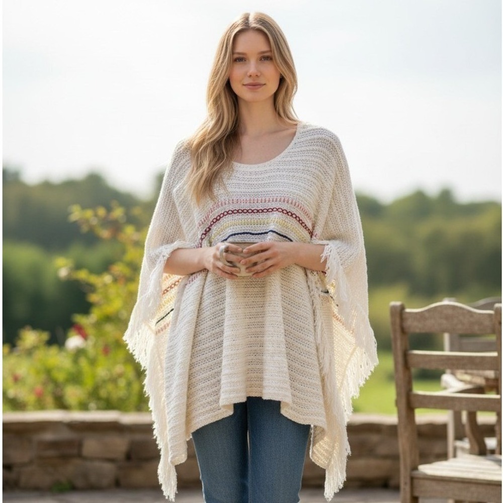 The Impeccable Pig Cream Embroidered Fringe Poncho Sweater One Size